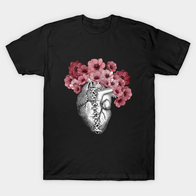 Broken heart, Human heart illustration art, laces, with red anemones, tied heart, sewn heart T-Shirt by Collagedream